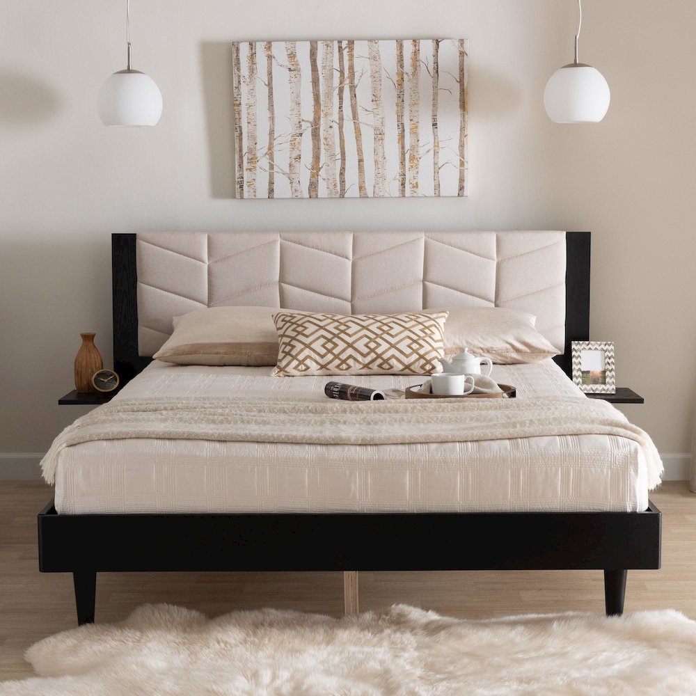 Beige Fabric and Black Wood Queen Size Bed with Built-In Side Tables. Picture 20