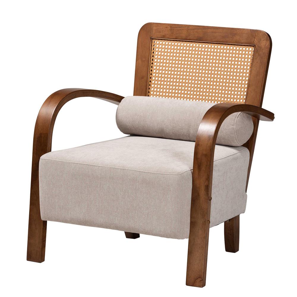 Modern Japandi Light Grey Fabric and Walnut Brown Finished Wood Arm Chair. Picture 11