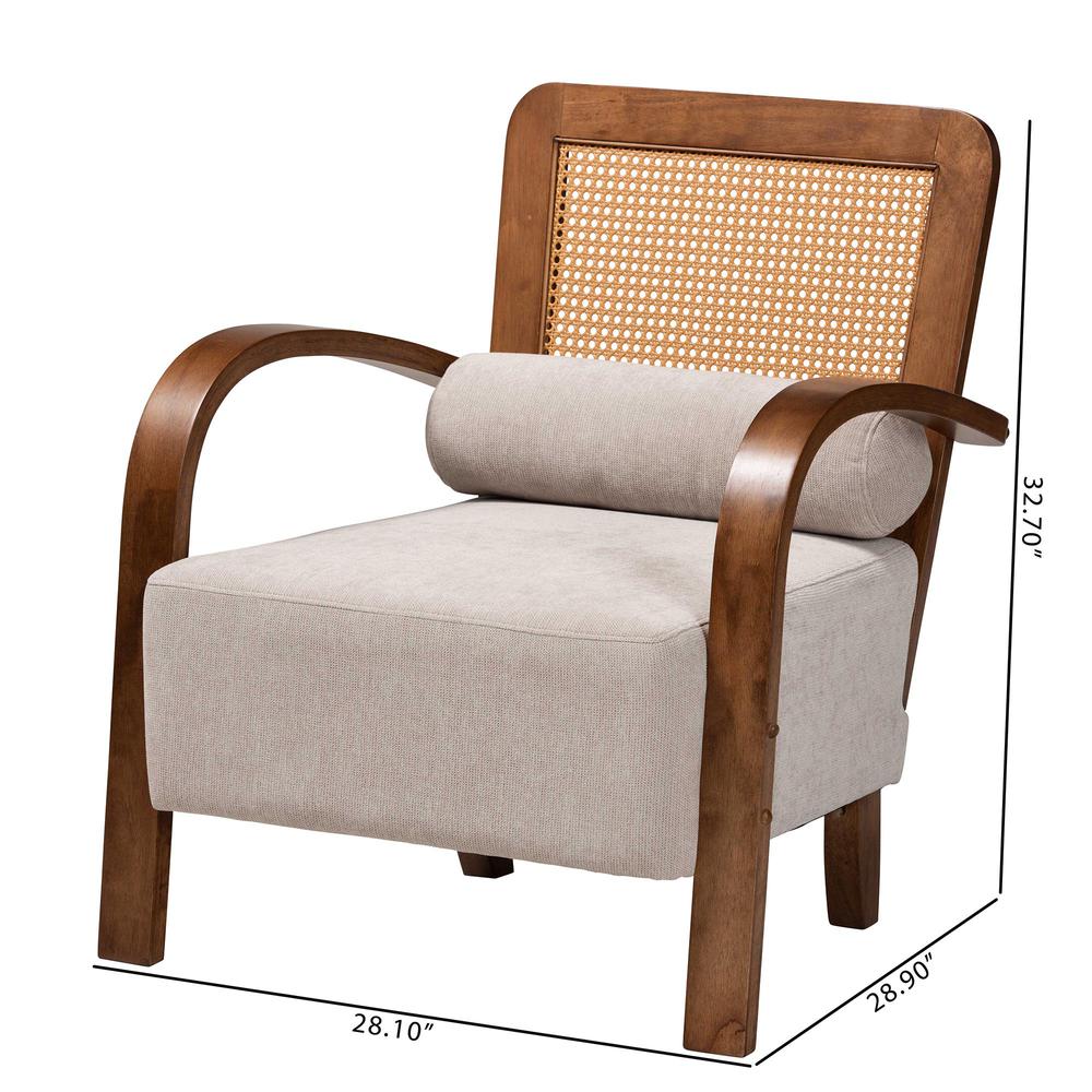 Modern Japandi Light Grey Fabric and Walnut Brown Finished Wood Arm Chair. Picture 20
