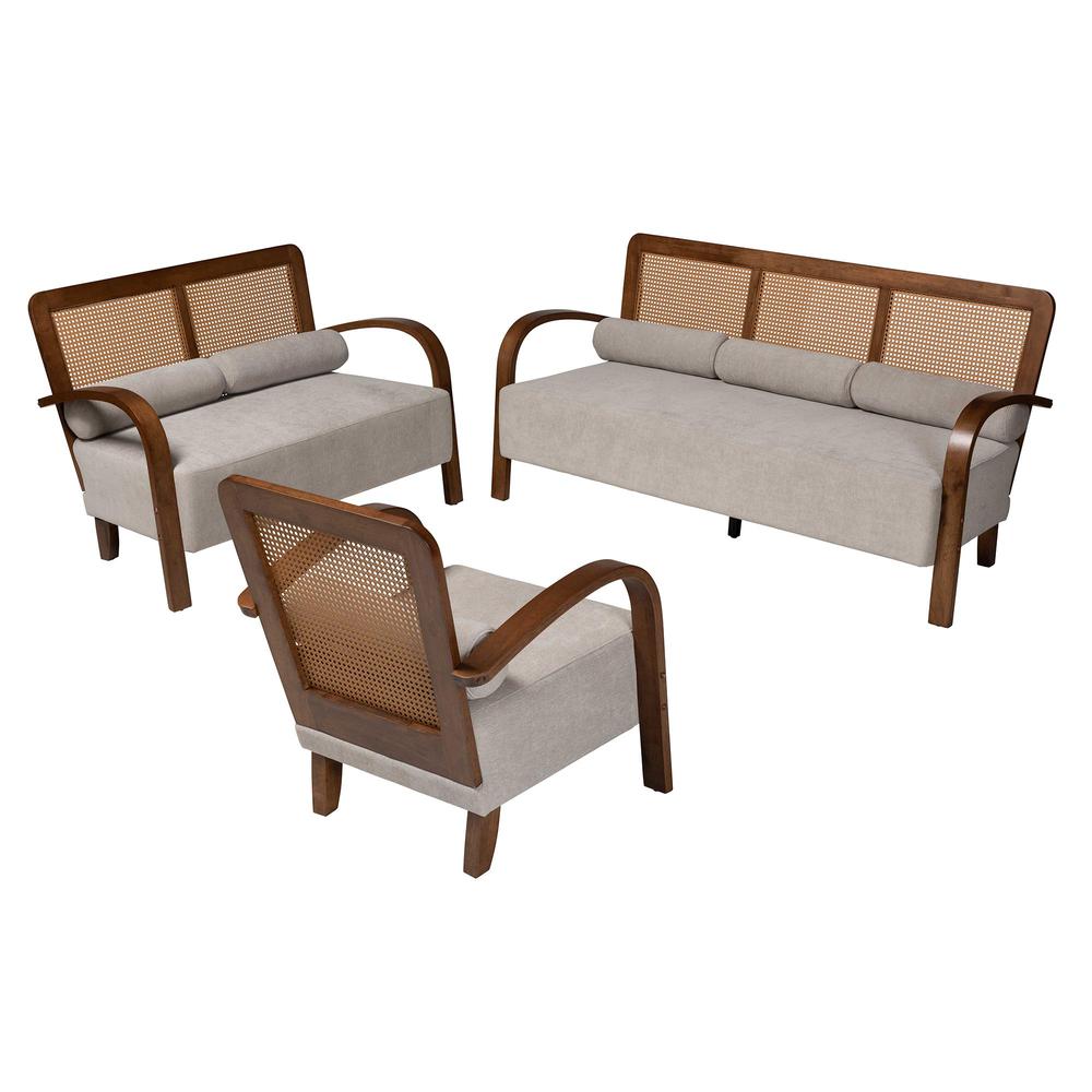 Japandi Light Grey Fabric and Walnut Brown Finished Wood 3-Piece Living Room Set. Picture 11