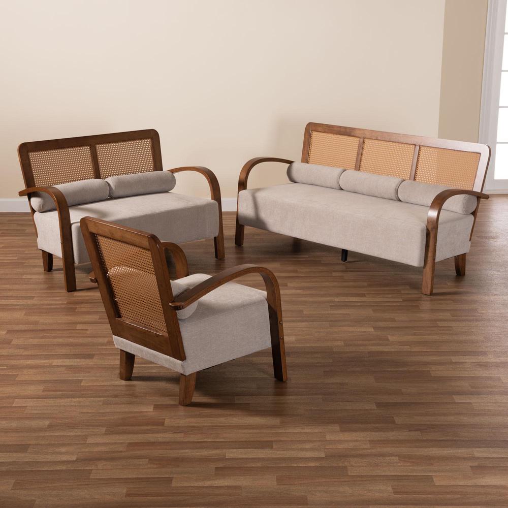 Japandi Light Grey Fabric and Walnut Brown Finished Wood 3-Piece Living Room Set. Picture 19