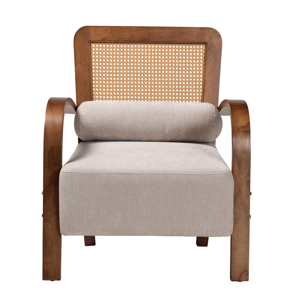 Modern Japandi Light Grey Fabric and Walnut Brown Finished Wood Arm Chair. Picture 12