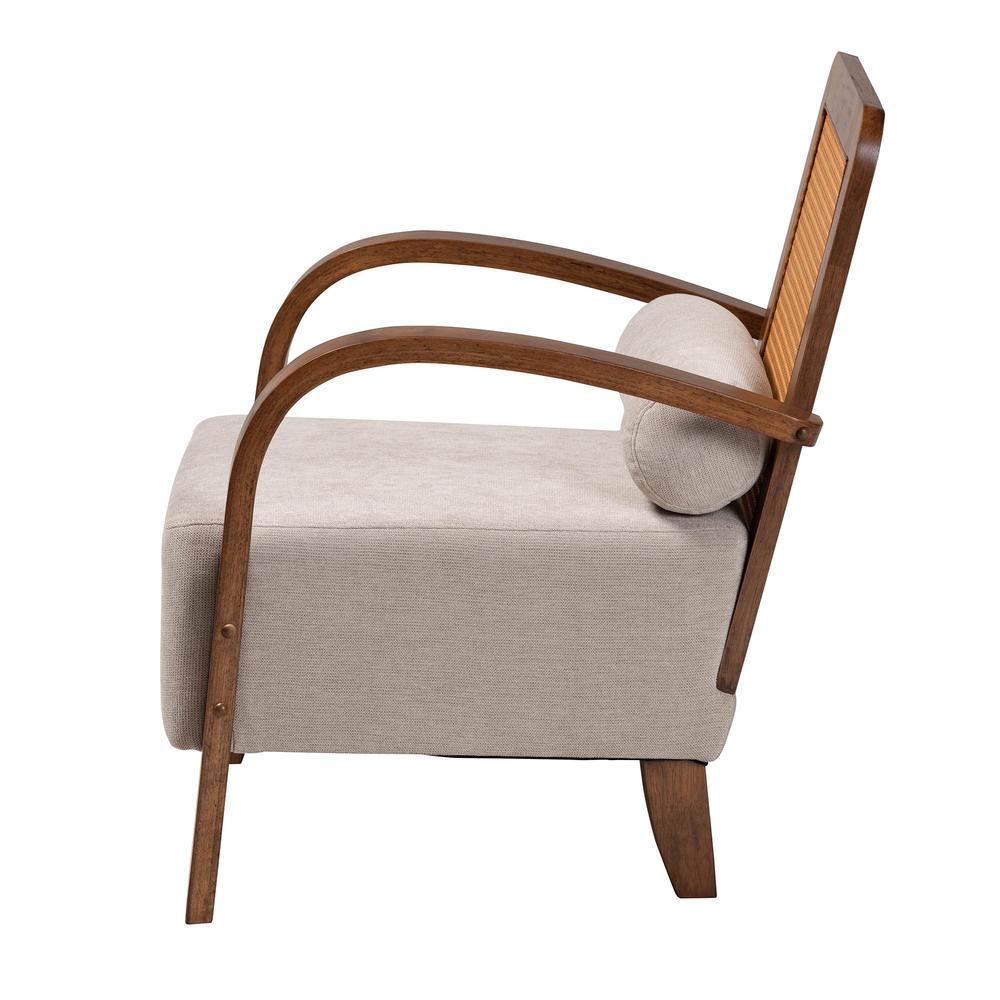 Modern Japandi Light Grey Fabric and Walnut Brown Finished Wood Arm Chair. Picture 13