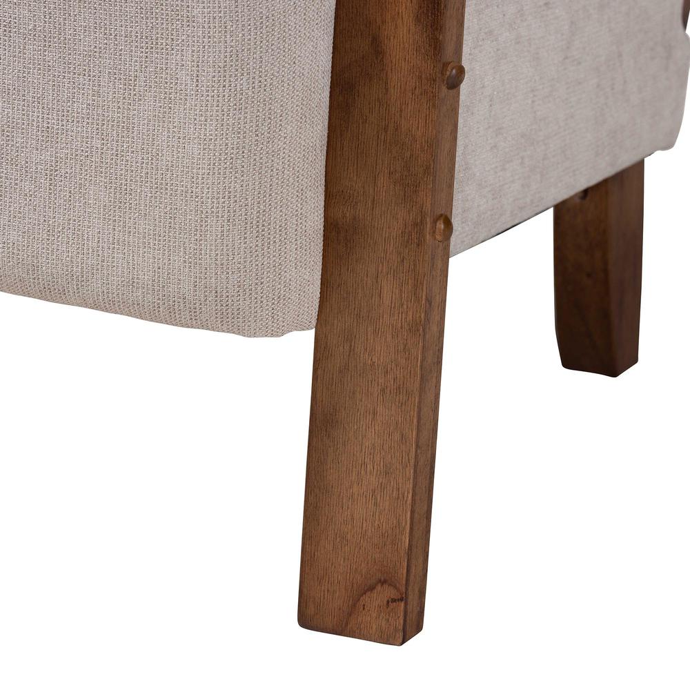 Modern Japandi Light Grey Fabric and Walnut Brown Finished Wood Arm Chair. Picture 16