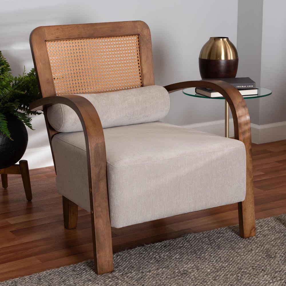 Modern Japandi Light Grey Fabric and Walnut Brown Finished Wood Arm Chair. Picture 18