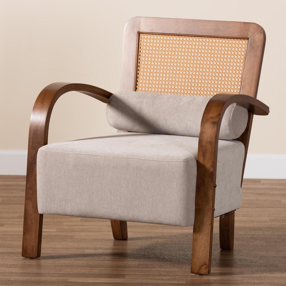 Modern Japandi Light Grey Fabric and Walnut Brown Finished Wood Arm Chair. Picture 19