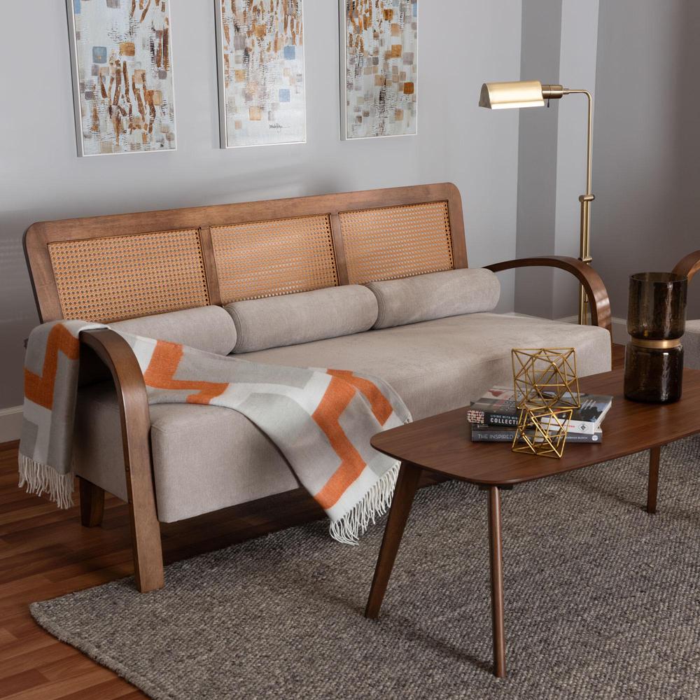 Sage Modern Japandi Light Grey Fabric and Walnut Brown Finished Wood Sofa. Picture 18