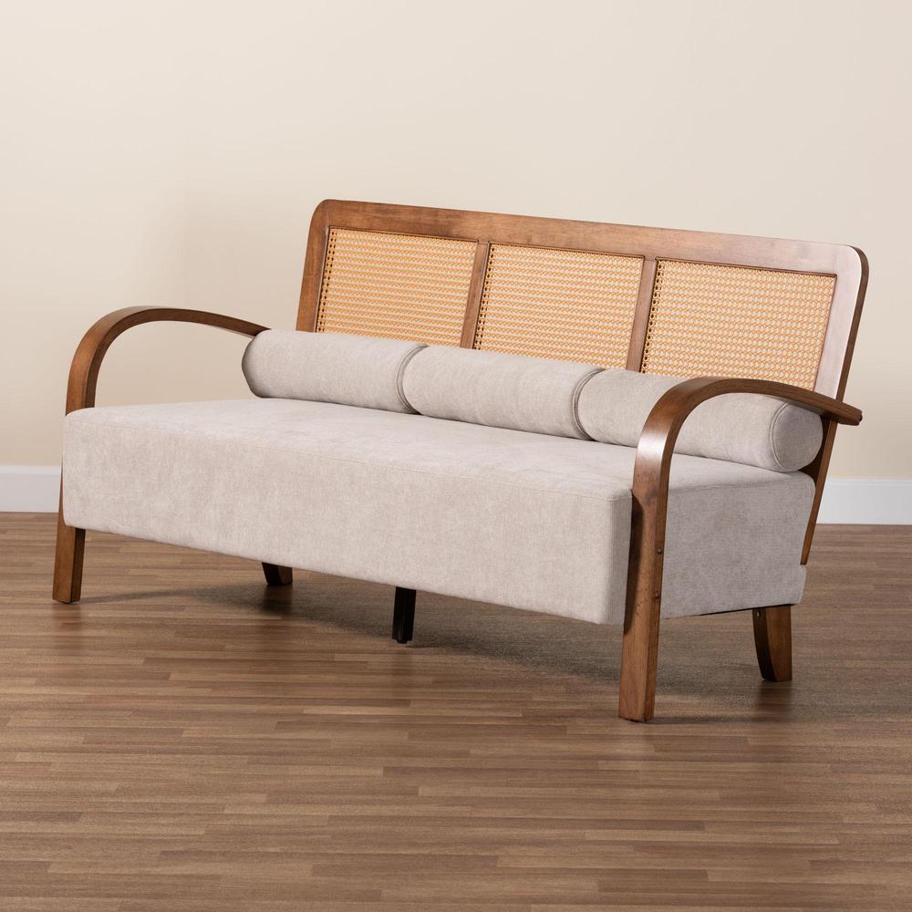 Sage Modern Japandi Light Grey Fabric and Walnut Brown Finished Wood Sofa. Picture 19