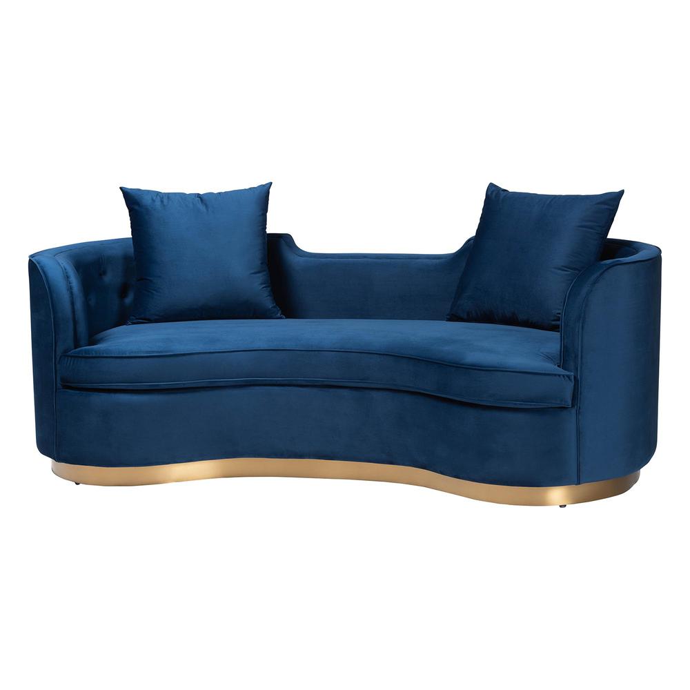 Deserae Glam and Luxe Navy Blue Velvet and Brushed Gold Metal Sofa. Picture 11