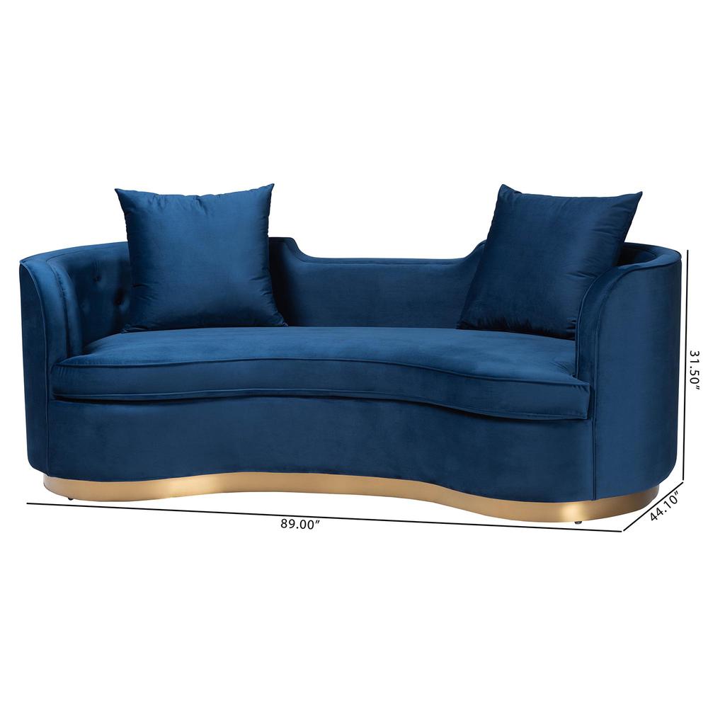Deserae Glam and Luxe Navy Blue Velvet and Brushed Gold Metal Sofa. Picture 20