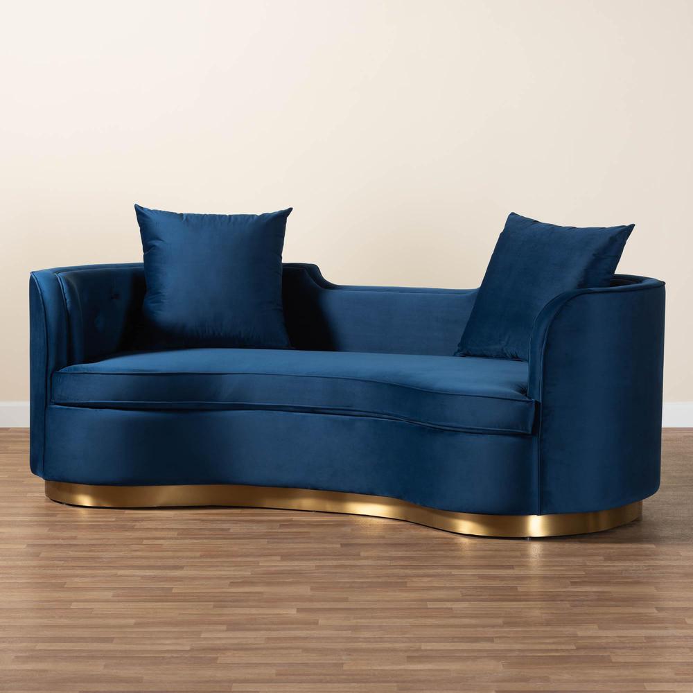Deserae Glam and Luxe Navy Blue Velvet and Brushed Gold Metal Sofa. Picture 19