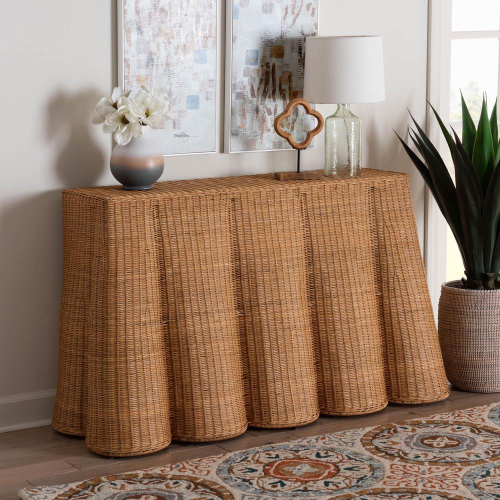 Palm Bohemian Honey Scallop Rattan Console Table. Picture 16