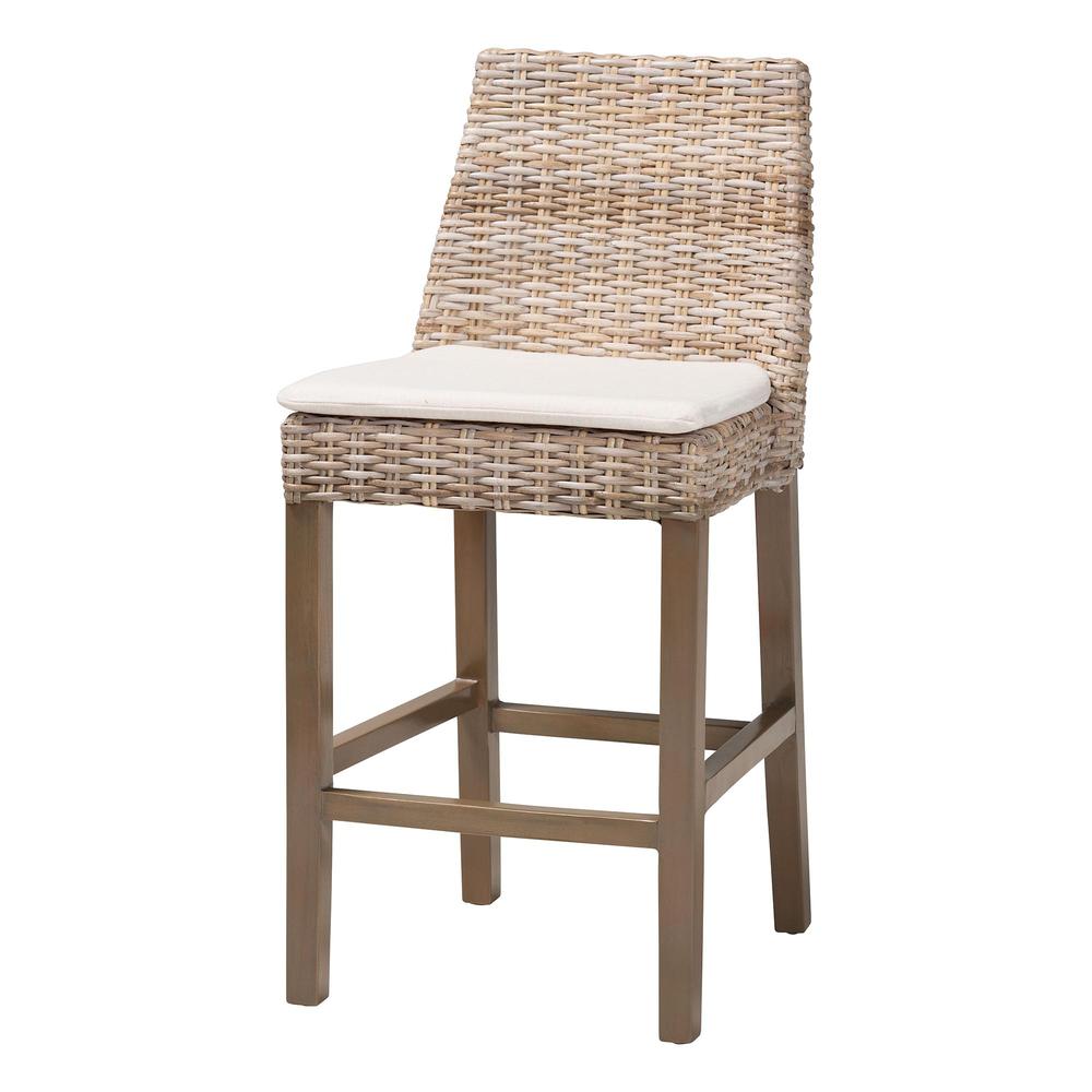 Bohemian Grey Kubu Rattan and Rustic Taupe Finished Mahogany Wood Counter Stool. Picture 11
