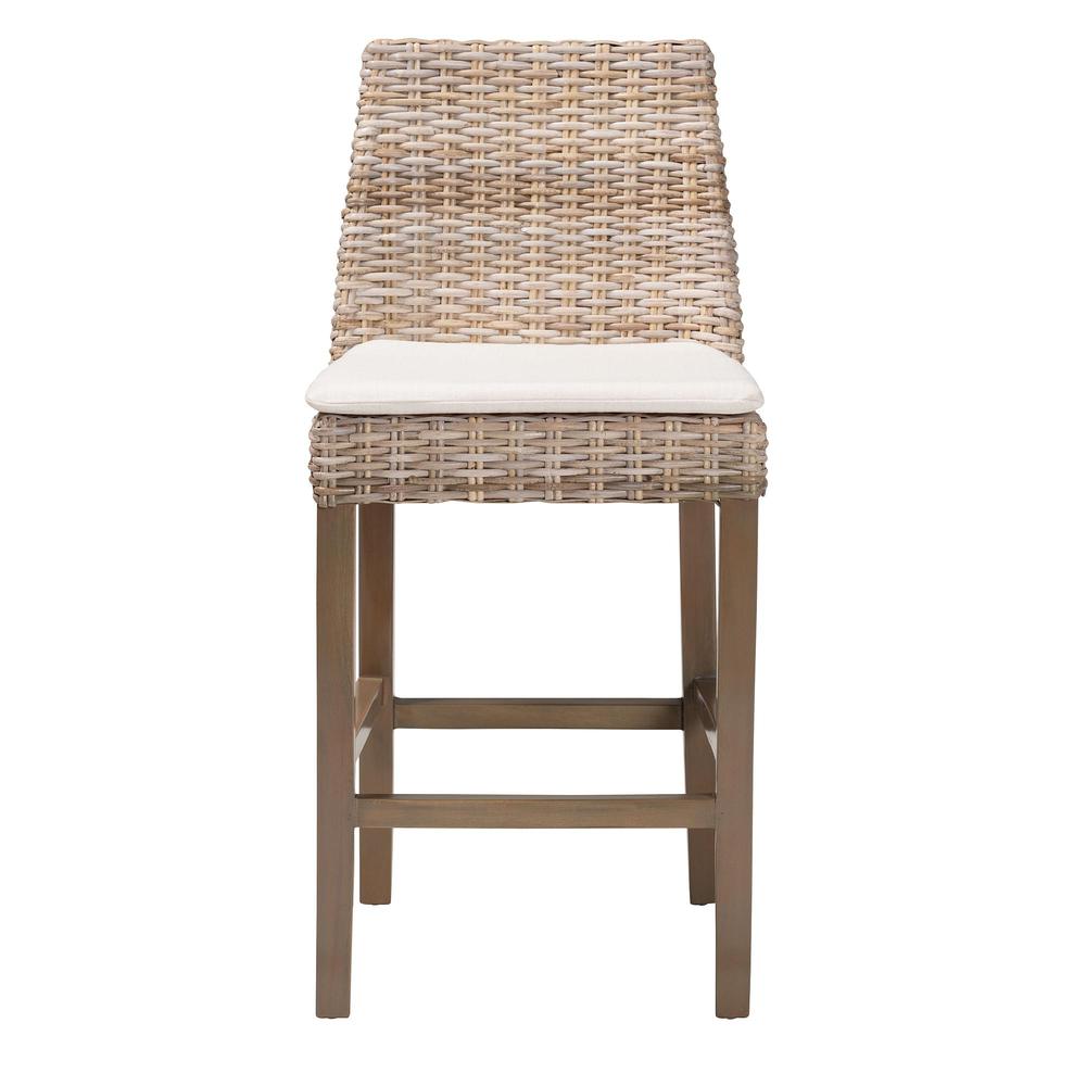Bohemian Grey Kubu Rattan and Rustic Taupe Finished Mahogany Wood Counter Stool. Picture 12