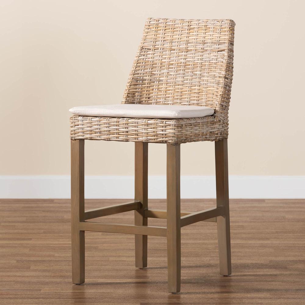 Bohemian Grey Kubu Rattan and Rustic Taupe Finished Mahogany Wood Counter Stool. Picture 19