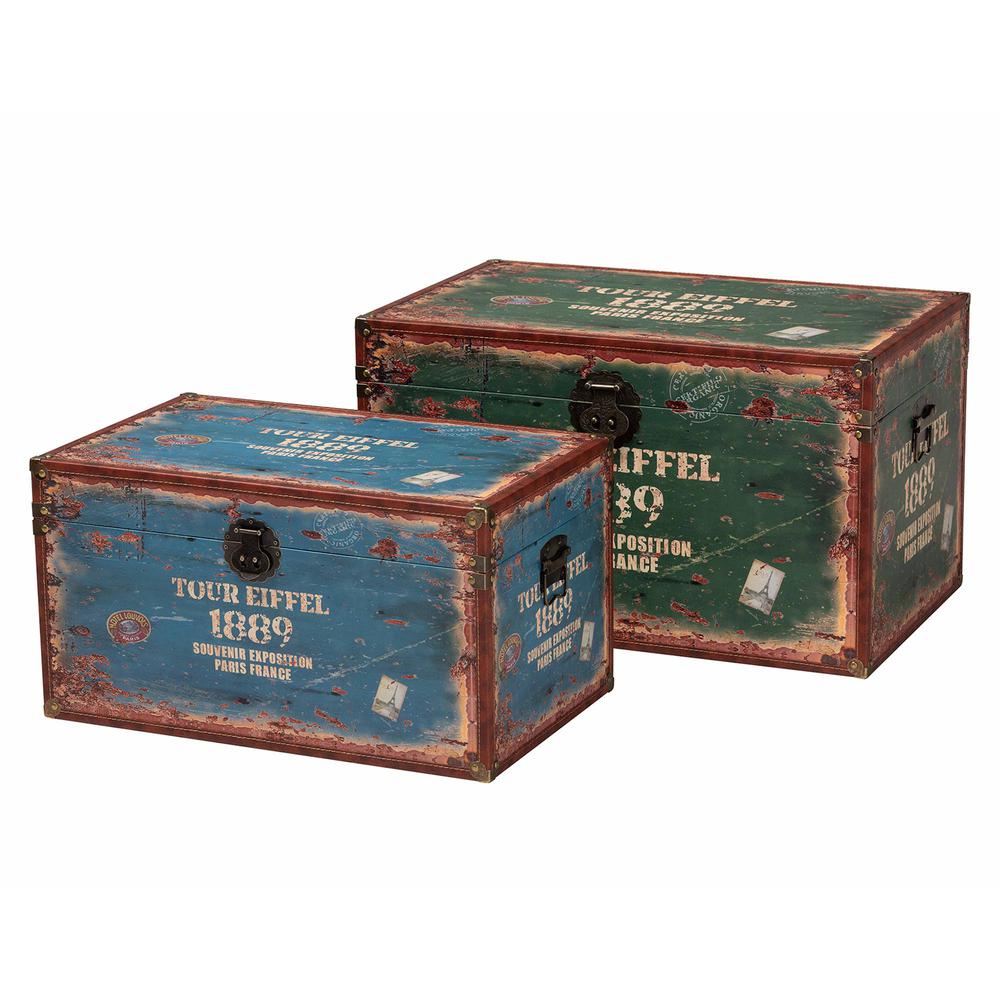 Sabeen Vintage Parisian Faux Leather and Wood 2-Piece Storage Trunk Set. Picture 12
