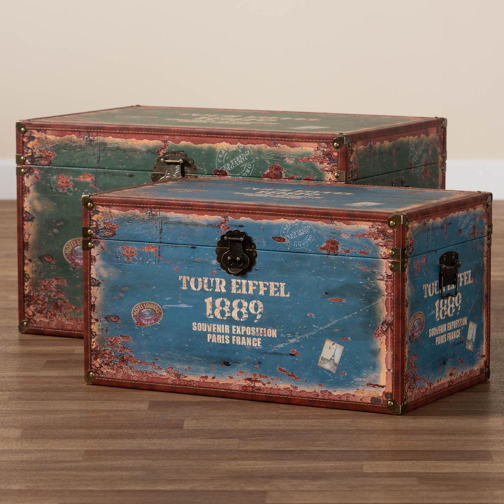 Sabeen Vintage Parisian Faux Leather and Wood 2-Piece Storage Trunk Set. Picture 21
