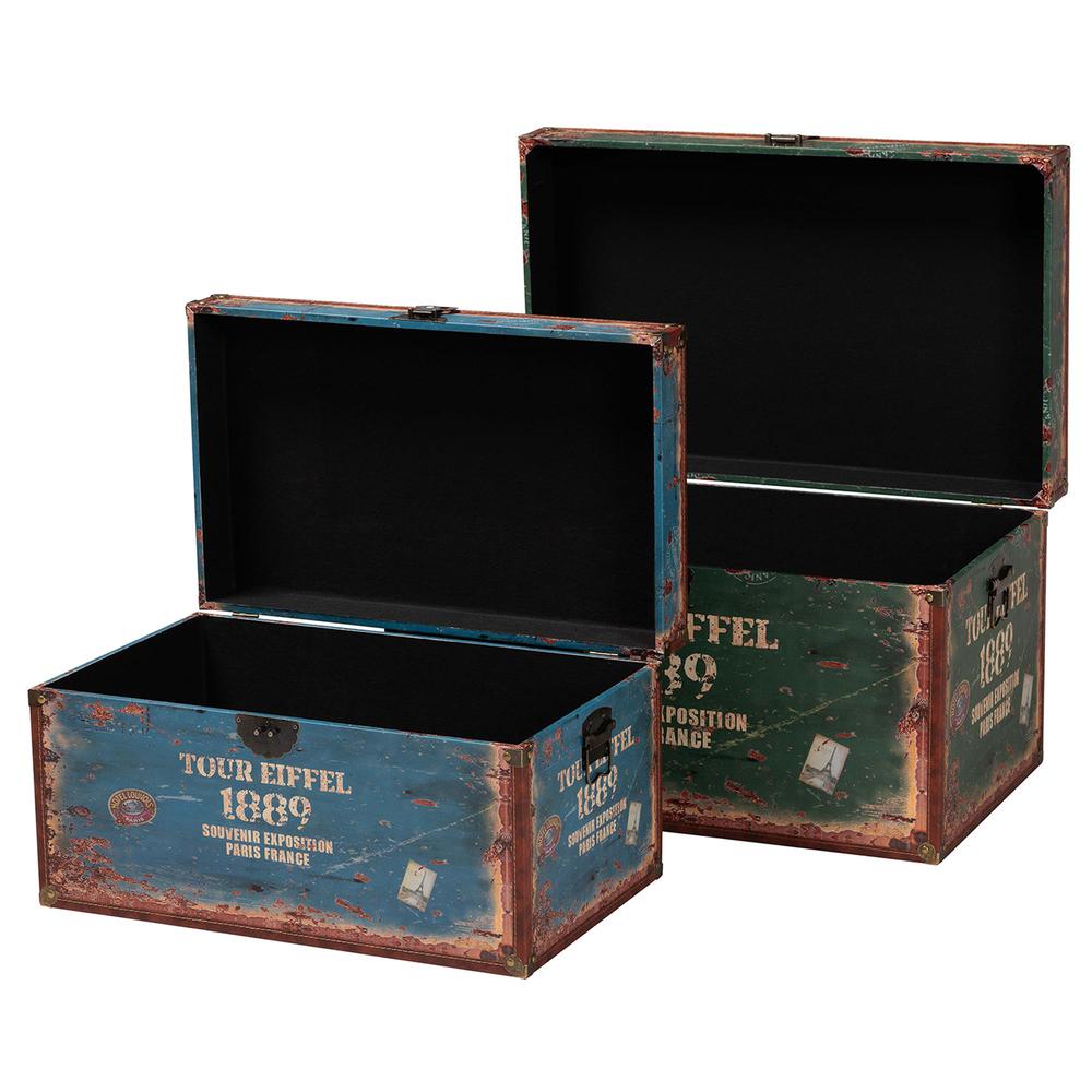 Sabeen Vintage Parisian Faux Leather and Wood 2-Piece Storage Trunk Set. Picture 13