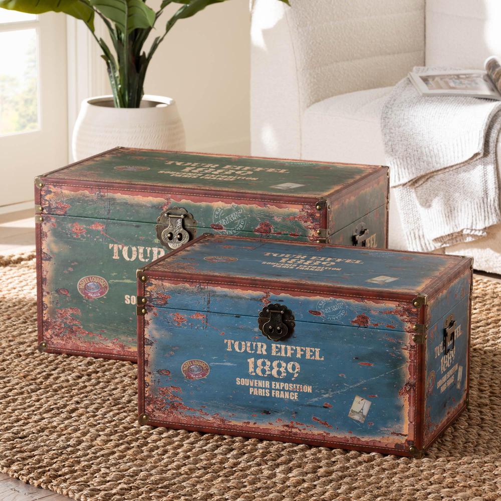 Sabeen Vintage Parisian Faux Leather and Wood 2-Piece Storage Trunk Set. Picture 20