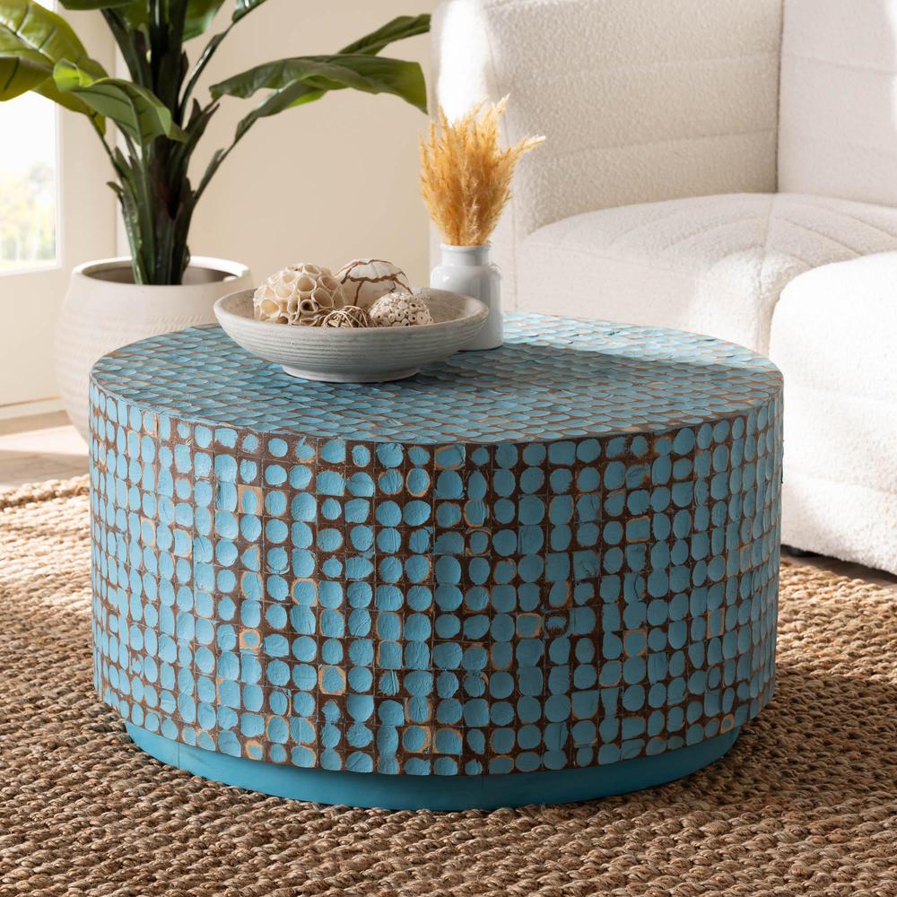 Kaloni Bohemian Sky Blue Coconut Shell and Acacia Wood Coffee Table. Picture 14