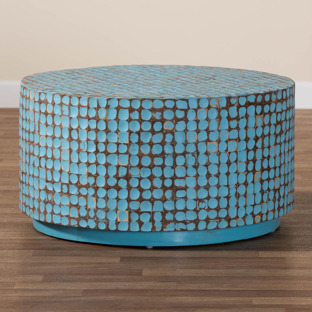 Kaloni Bohemian Sky Blue Coconut Shell and Acacia Wood Coffee Table. Picture 15