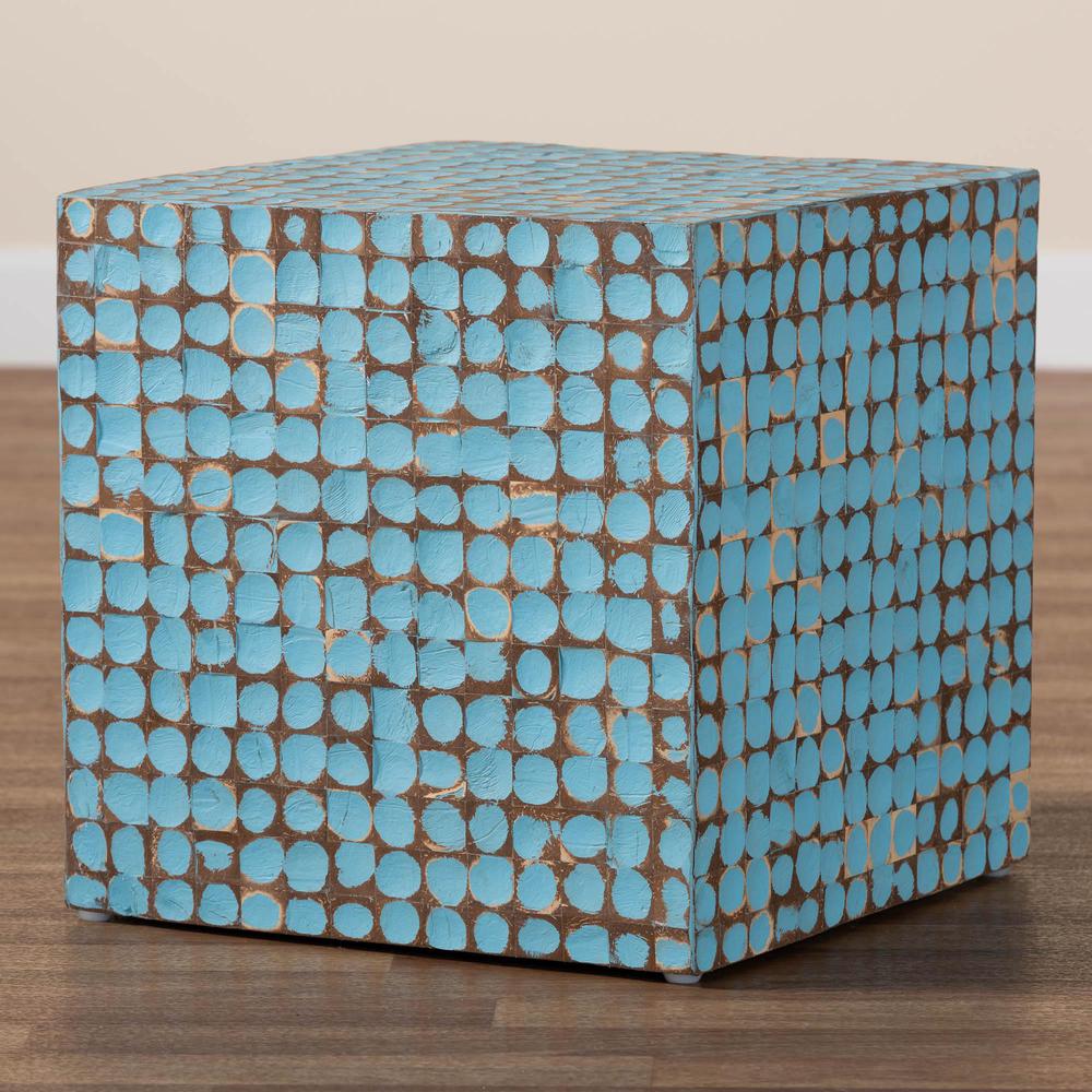 Janella Bohemian Sky Blue Coconut Shell and Acacia Wood End Table. Picture 15