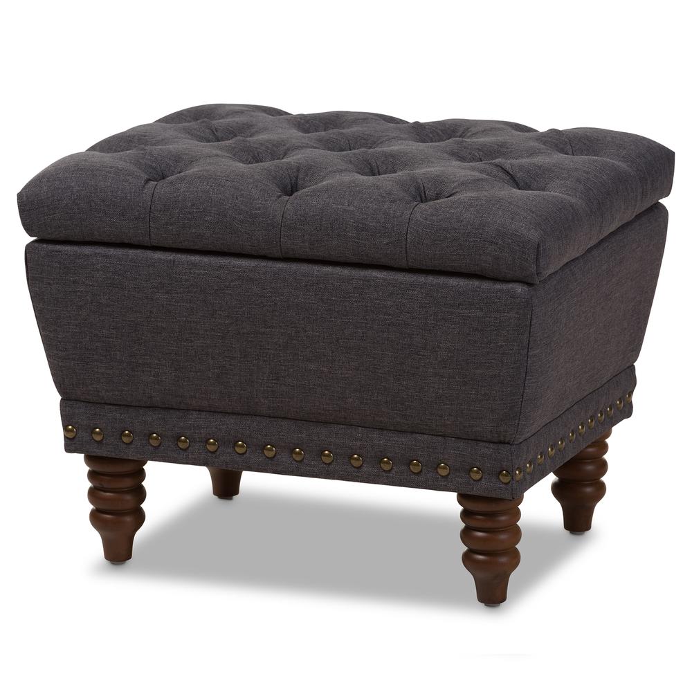 Dark Grey Fabric Upholstered Walnut Wood Finished Button-Tufted Storage Ottoman. Picture 10