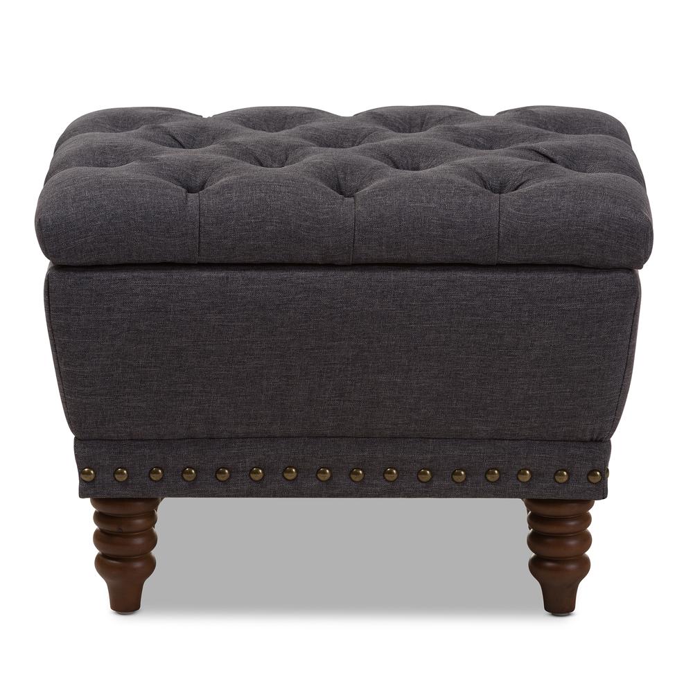 Dark Grey Fabric Upholstered Walnut Wood Finished Button-Tufted Storage Ottoman. Picture 11