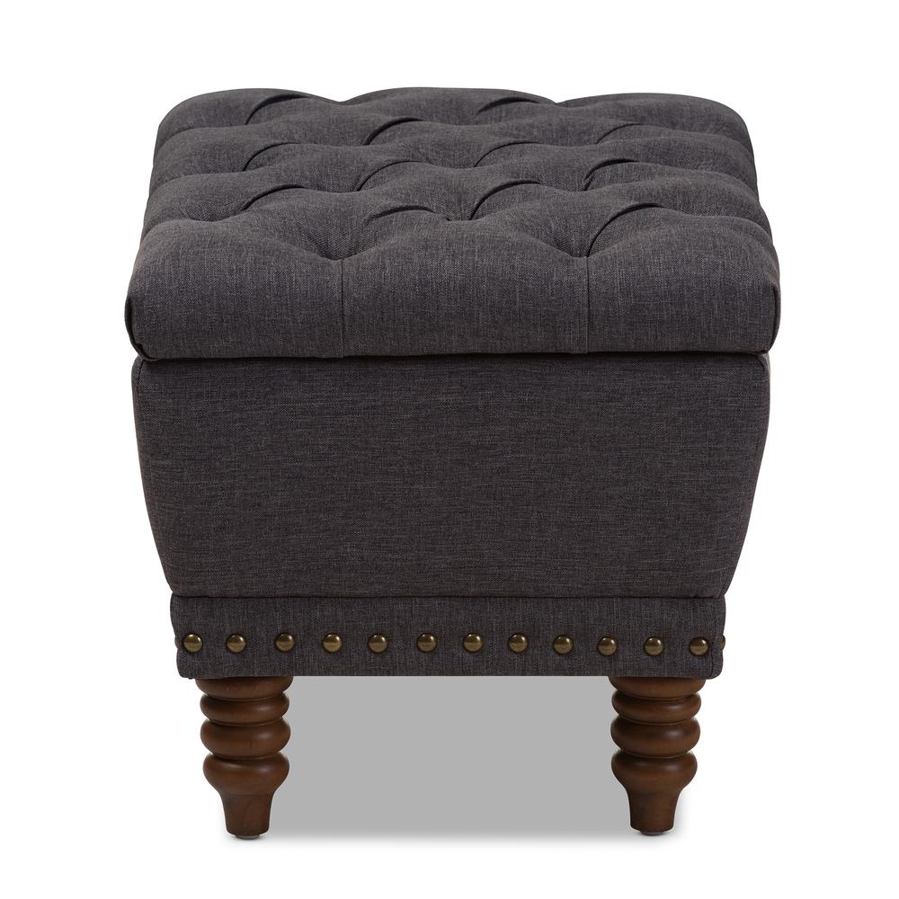 Dark Grey Fabric Upholstered Walnut Wood Finished Button-Tufted Storage Ottoman. Picture 12