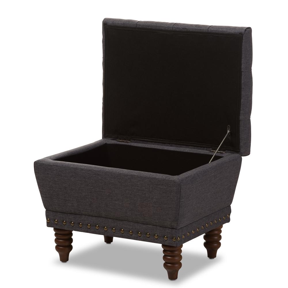 Dark Grey Fabric Upholstered Walnut Wood Finished Button-Tufted Storage Ottoman. Picture 13