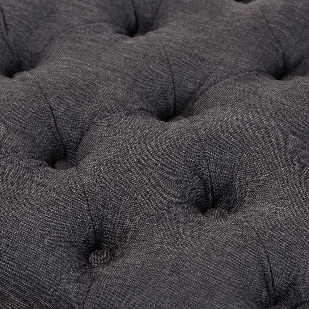 Dark Grey Fabric Upholstered Walnut Wood Finished Button-Tufted Storage Ottoman. Picture 14