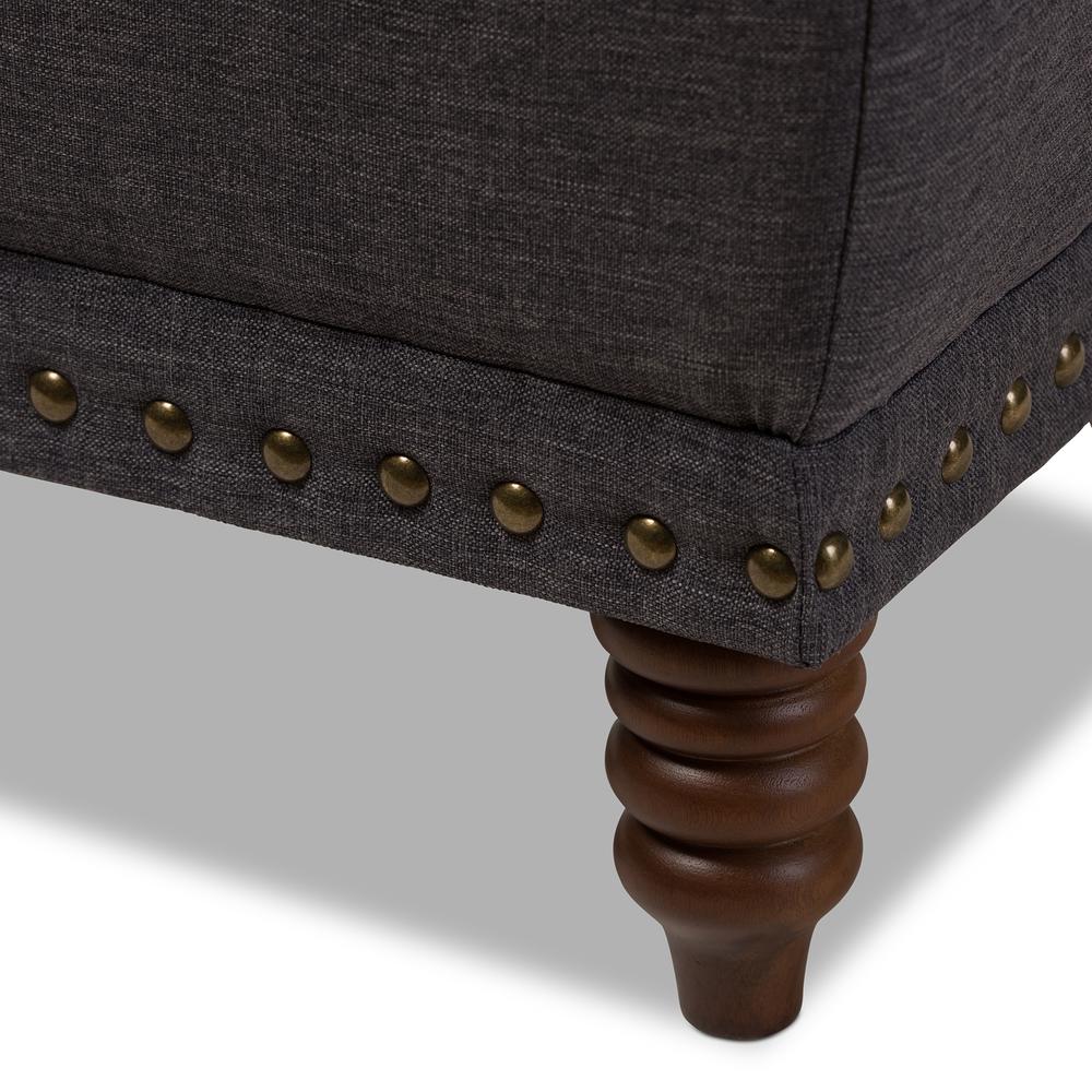 Dark Grey Fabric Upholstered Walnut Wood Finished Button-Tufted Storage Ottoman. Picture 15