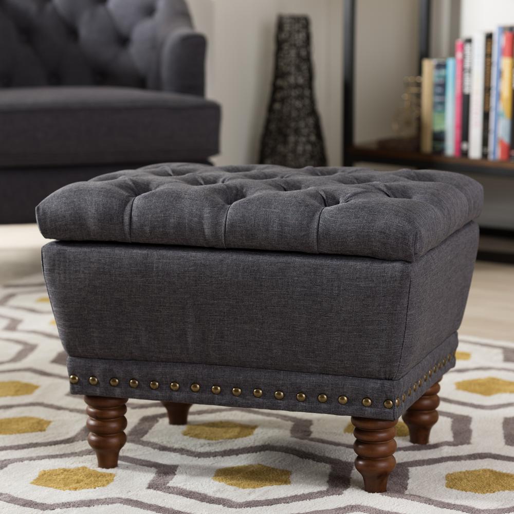 Dark Grey Fabric Upholstered Walnut Wood Finished Button-Tufted Storage Ottoman. Picture 16