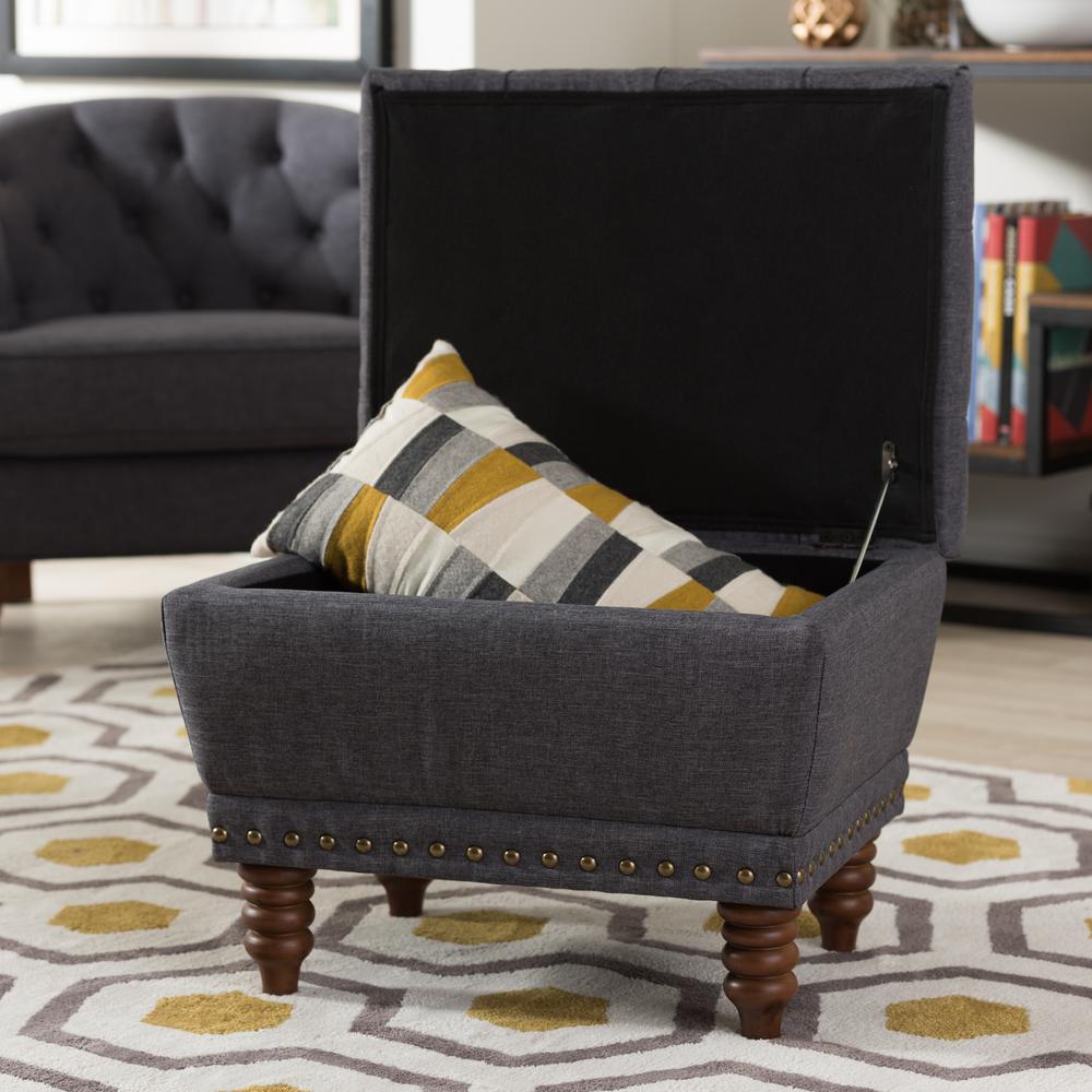 Dark Grey Fabric Upholstered Walnut Wood Finished Button-Tufted Storage Ottoman. Picture 17