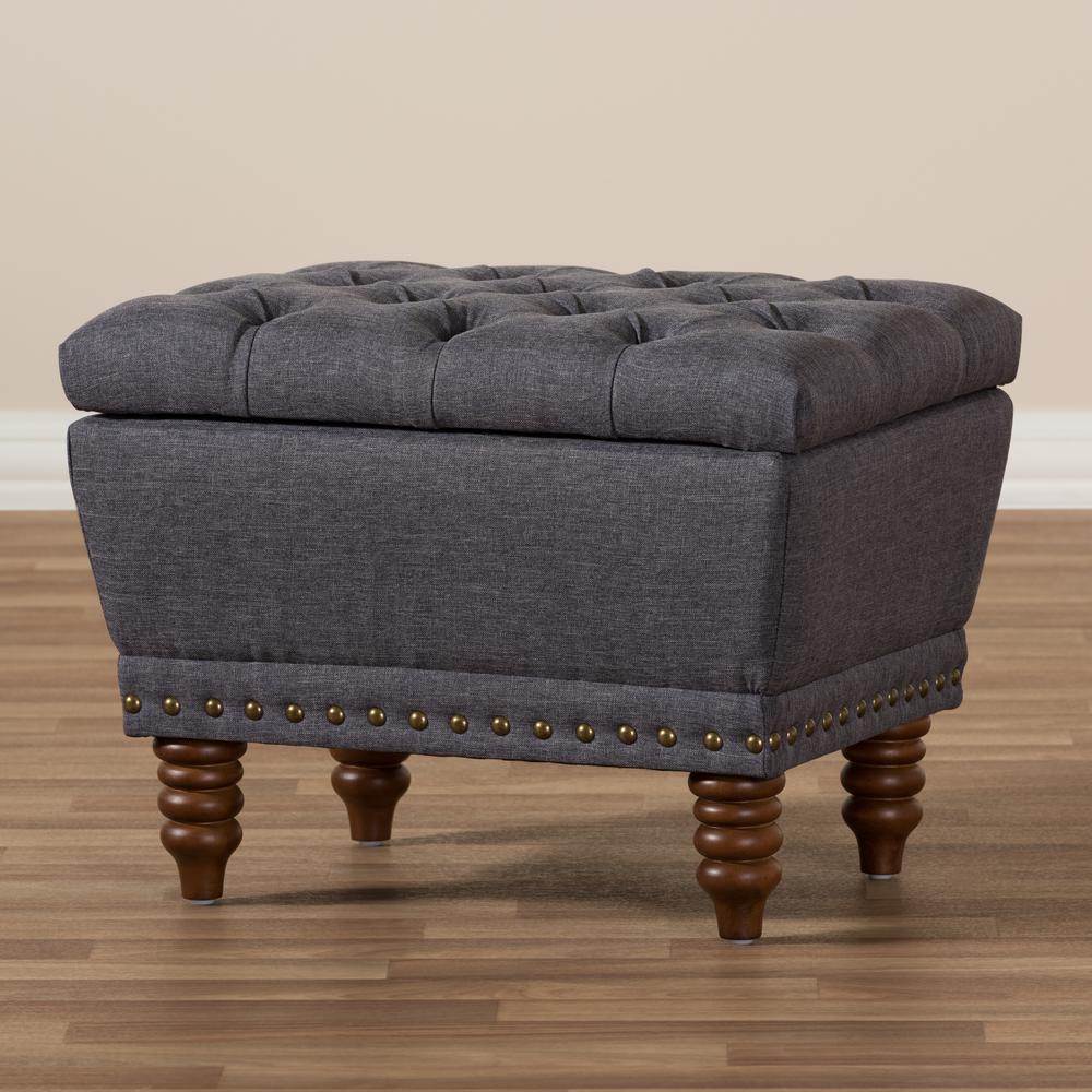 Dark Grey Fabric Upholstered Walnut Wood Finished Button-Tufted Storage Ottoman. Picture 18