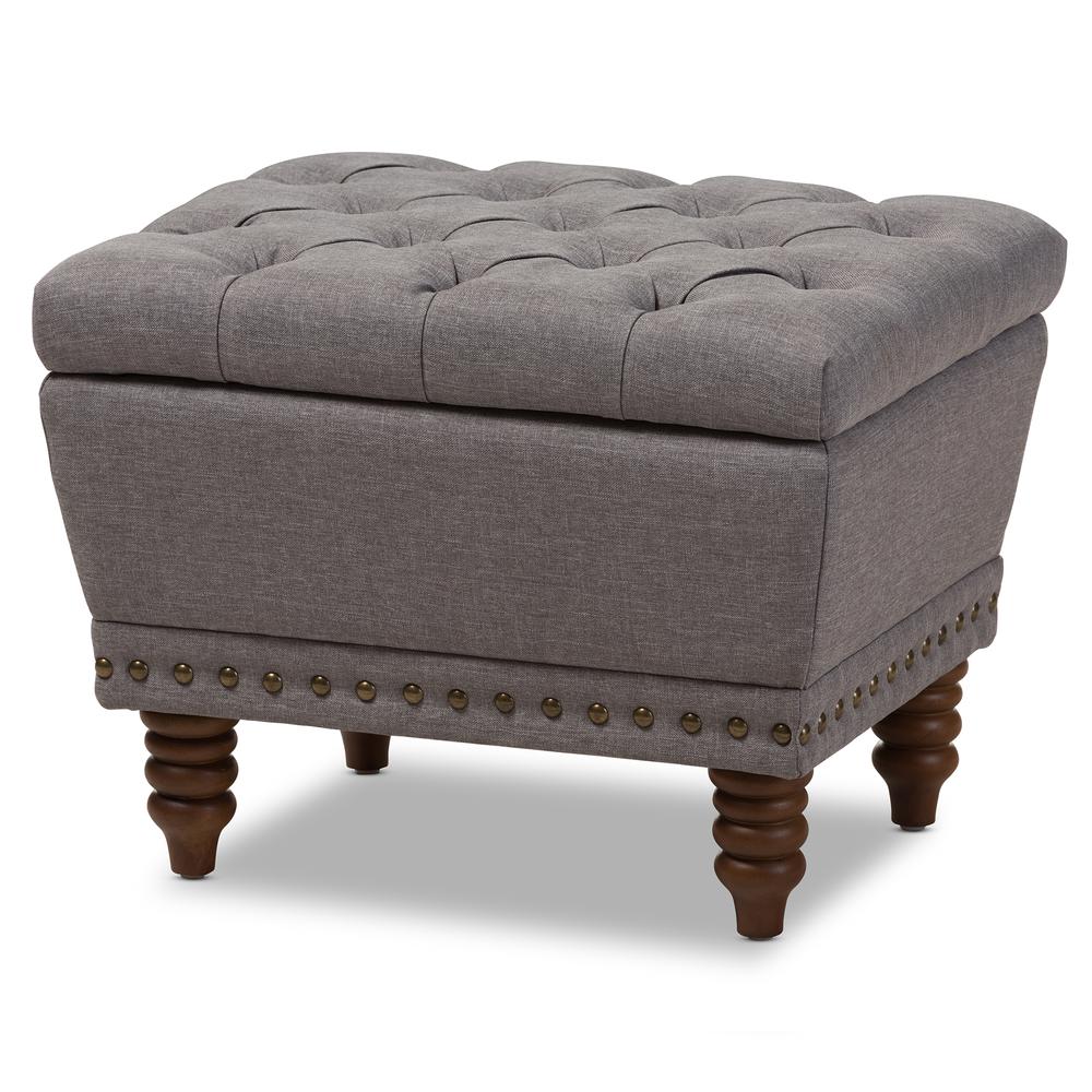 Light Grey Fabric Upholstered Walnut Wood Finished Button-Tufted Storage Ottoman. Picture 10