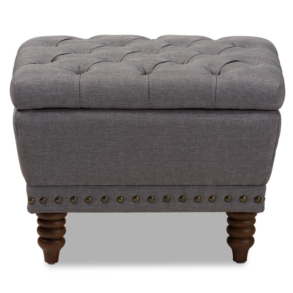 Light Grey Fabric Upholstered Walnut Wood Finished Button-Tufted Storage Ottoman. Picture 11
