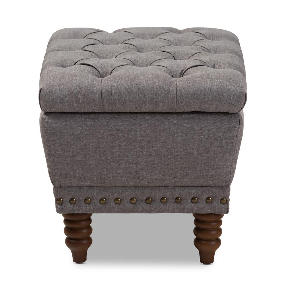 Light Grey Fabric Upholstered Walnut Wood Finished Button-Tufted Storage Ottoman. Picture 12