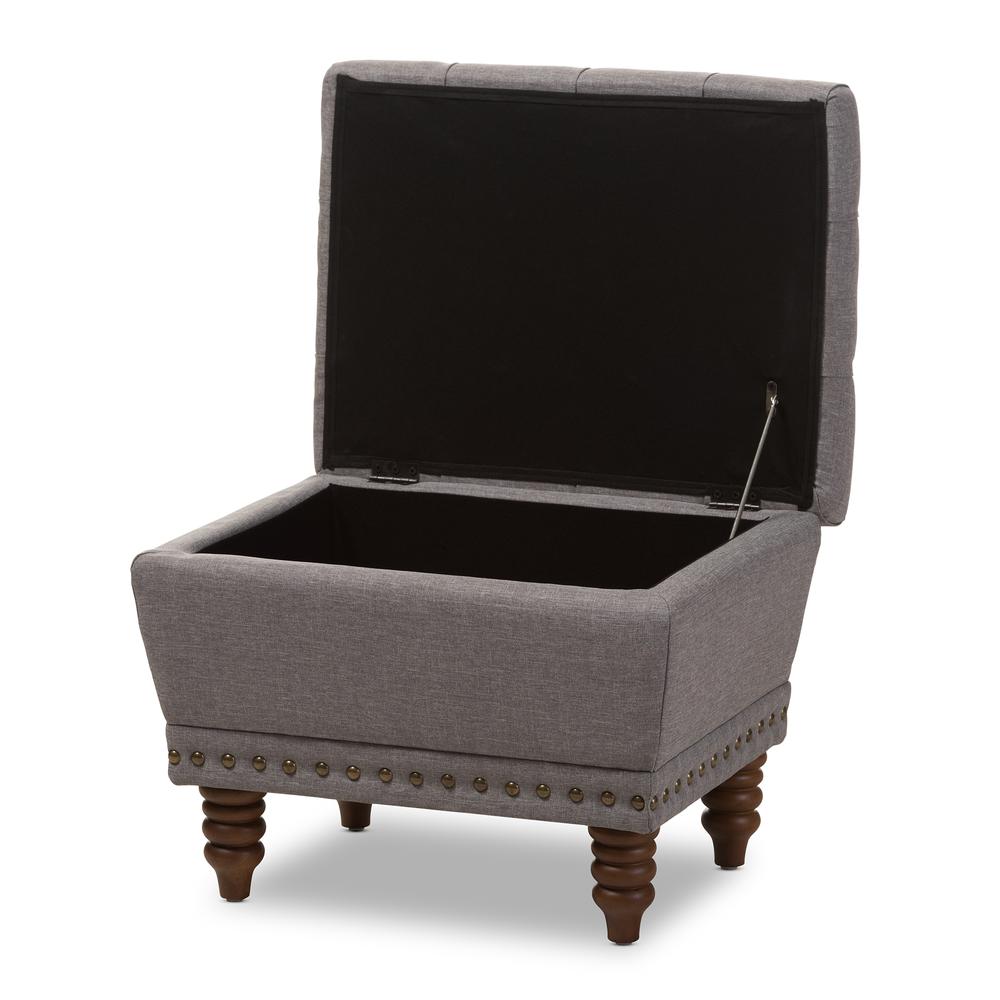 Light Grey Fabric Upholstered Walnut Wood Finished Button-Tufted Storage Ottoman. Picture 13