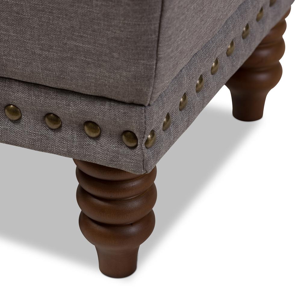 Light Grey Fabric Upholstered Walnut Wood Finished Button-Tufted Storage Ottoman. Picture 15