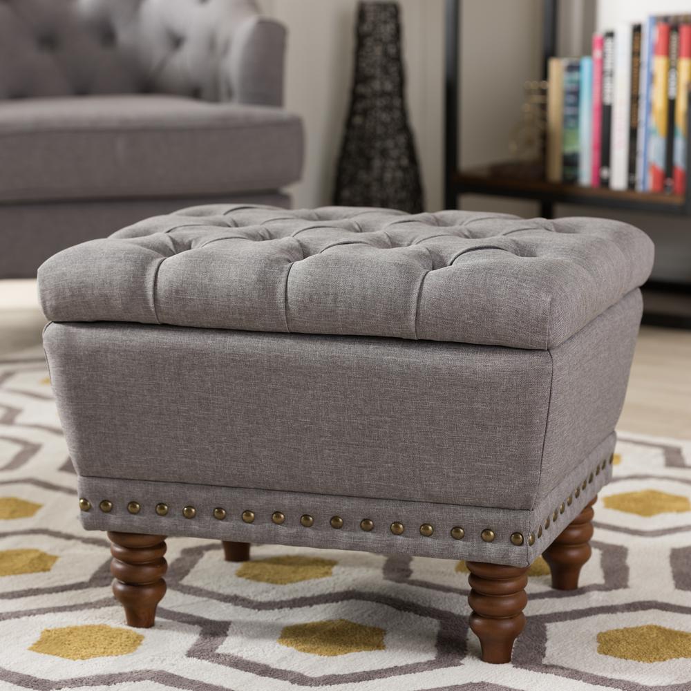 Light Grey Fabric Upholstered Walnut Wood Finished Button-Tufted Storage Ottoman. Picture 16