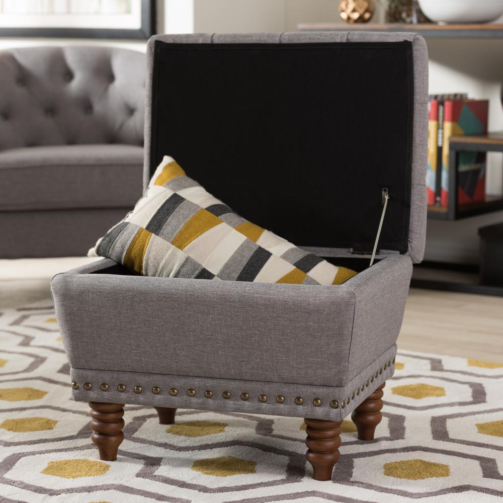 Light Grey Fabric Upholstered Walnut Wood Finished Button-Tufted Storage Ottoman. Picture 17