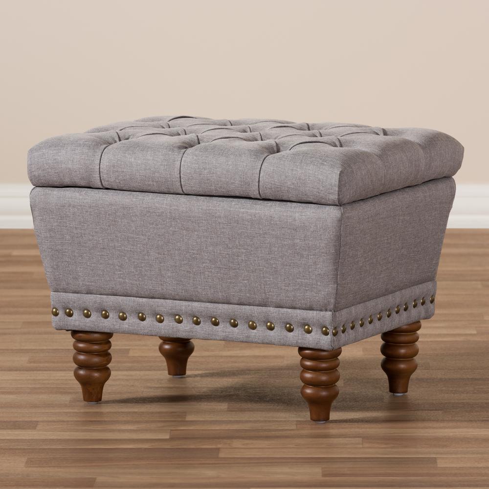 Light Grey Fabric Upholstered Walnut Wood Finished Button-Tufted Storage Ottoman. Picture 18