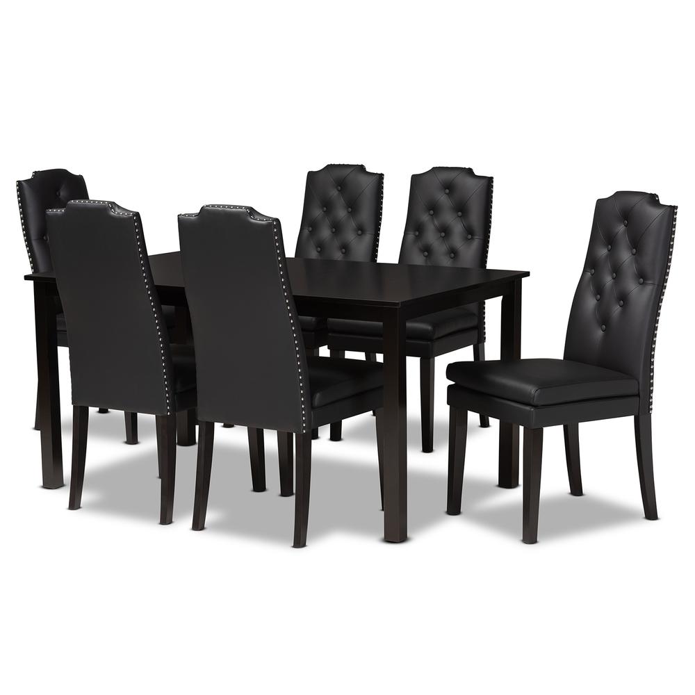 Black Faux Leather Upholstered and Dark Brown Finished Wood 7-Piece Dining Set. Picture 11