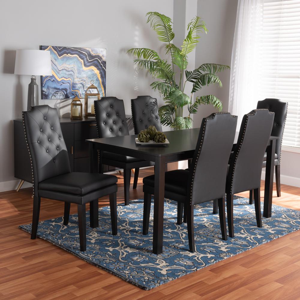 Black Faux Leather Upholstered and Dark Brown Finished Wood 7-Piece Dining Set. Picture 18