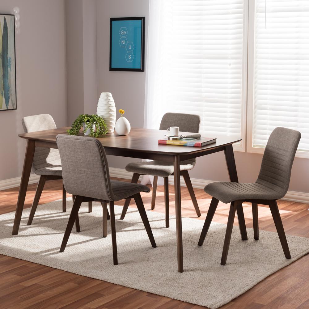 Sugar Mid-Century Modern Light Grey Fabric Upholstered Walnut Wood Finished 5-Piece Dining Set. Picture 5
