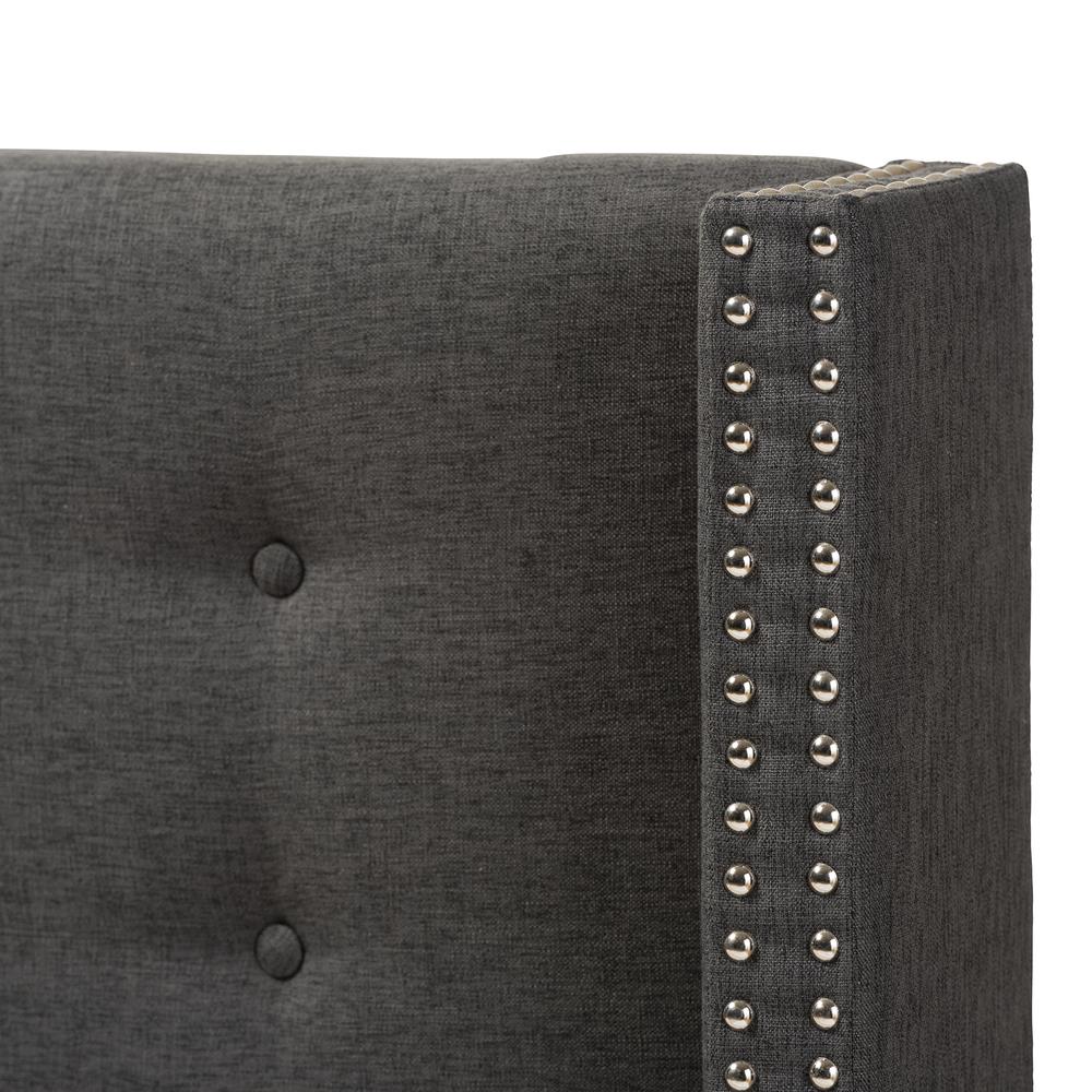Dark Grey Fabric Button-Tufted Nail head Queen Size Winged Headboard. Picture 9