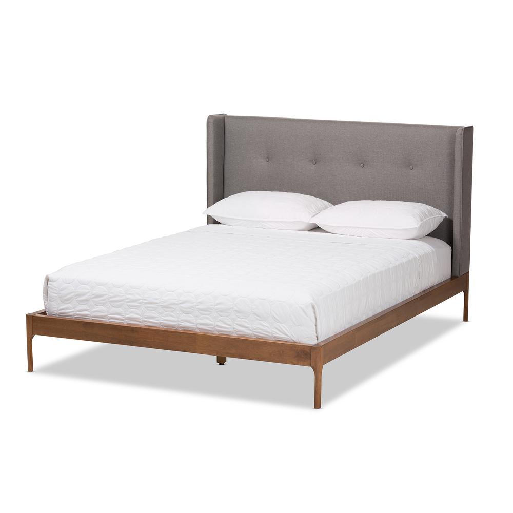 Brooklyn Mid-Century Modern Walnut Wood Grey Fabric Queen Size Platform Bed. Picture 11
