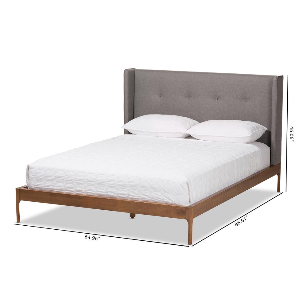 Brooklyn Mid-Century Modern Walnut Wood Grey Fabric Queen Size Platform Bed. Picture 20