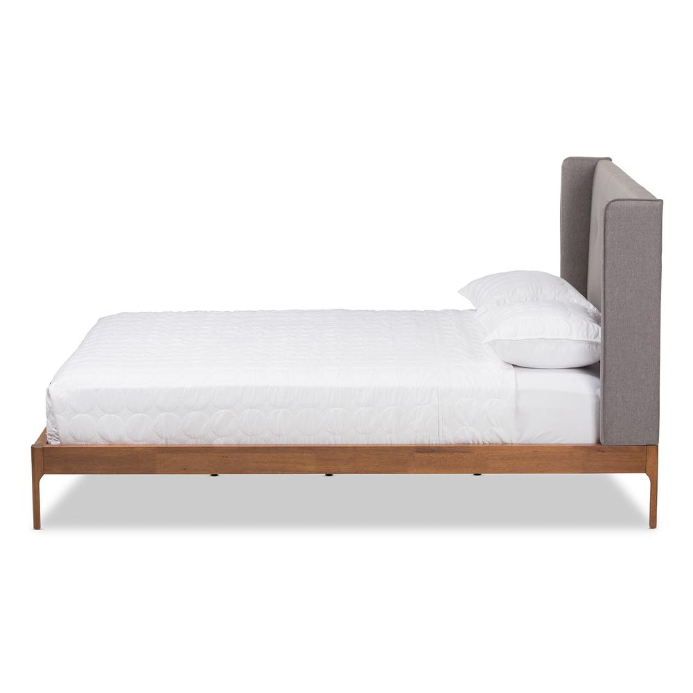 Brooklyn Mid-Century Modern Walnut Wood Grey Fabric Queen Size Platform Bed. Picture 12
